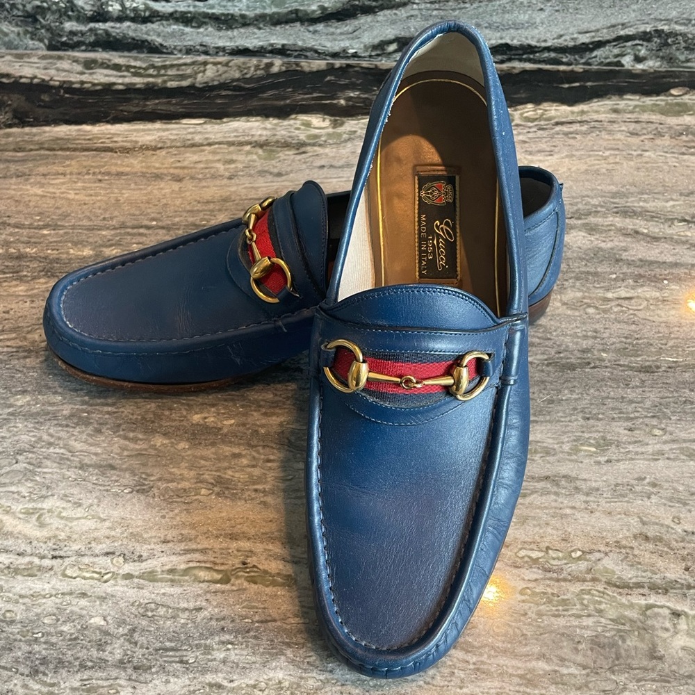 GUCCI mens horsebit blue leather loafer size 10.5 IT